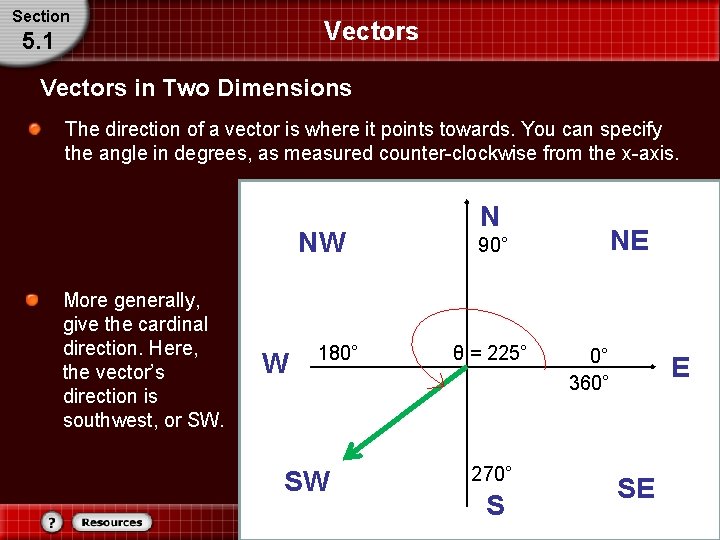Section Vectors 5. 1 Vectors in Two Dimensions The direction of a vector is