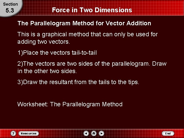 Section 5. 3 Force in Two Dimensions The Parallelogram Method for Vector Addition This