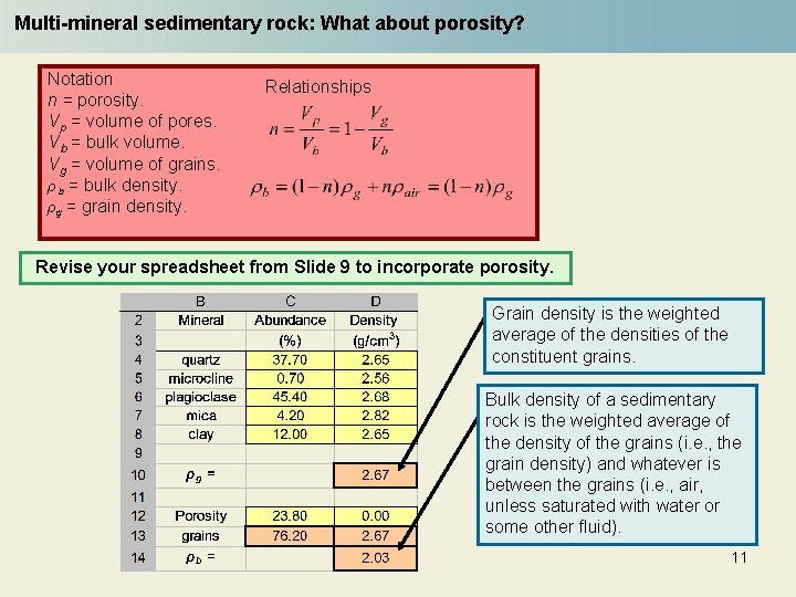Multi-mineral sedimentary rock: What about porosity? Notation n = porosity. Vp = volume of