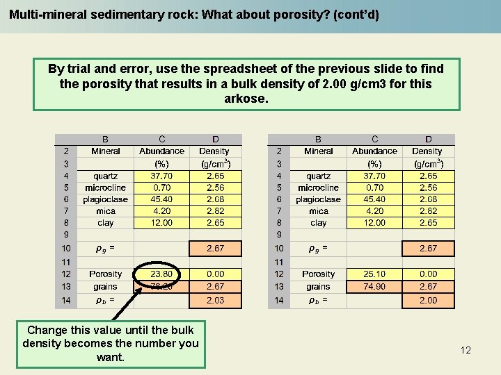 Multi-mineral sedimentary rock: What about porosity? (cont’d) By trial and error, use the spreadsheet