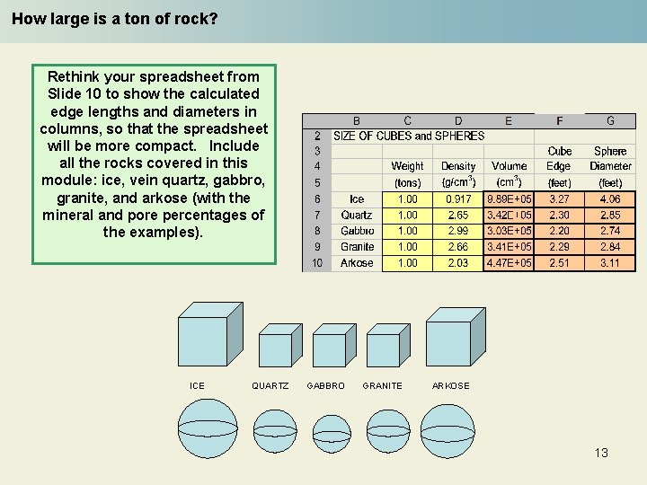 How large is a ton of rock? Rethink your spreadsheet from Slide 10 to