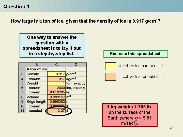 Question 1 How large is a ton of ice, given that the density of