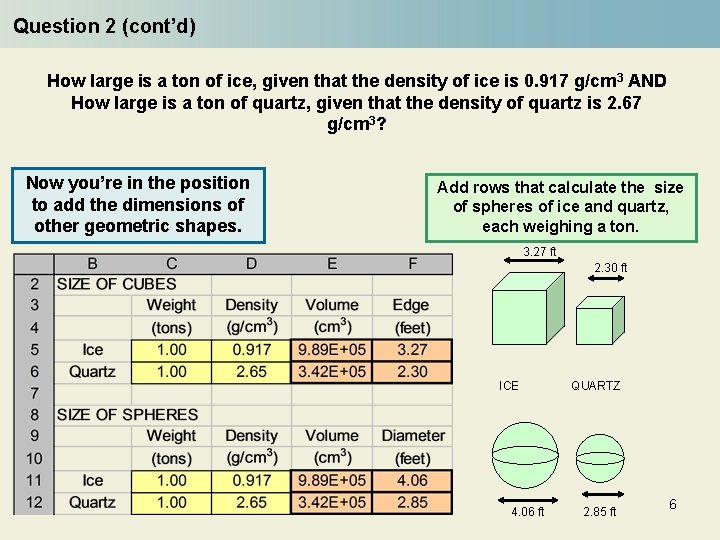 Question 2 (cont’d) How large is a ton of ice, given that the density