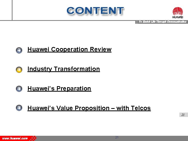 To Enrich Life Through Communication Huawei Cooperation Review Industry Transformation Huawei’s Preparation Huawei’s Value
