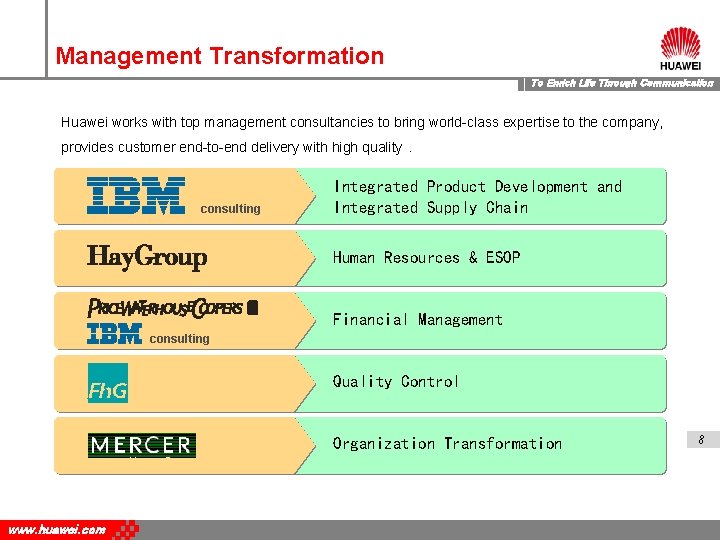 Management Transformation To Enrich Life Through Communication Huawei works with top management consultancies to