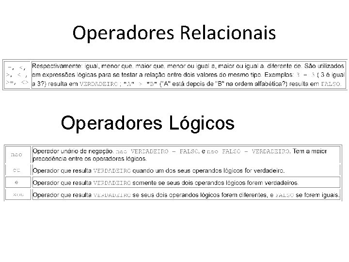 Operadores Relacionais Operadores Lógicos 