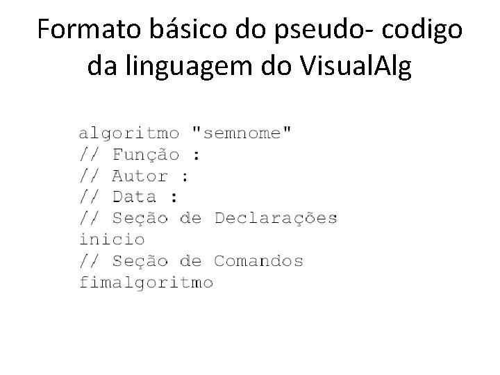 Formato básico do pseudo- codigo da linguagem do Visual. Alg 