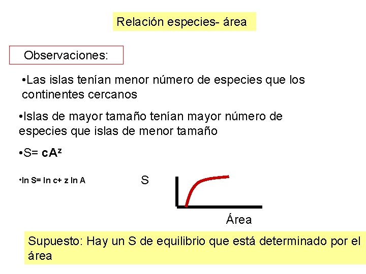 Relación especies- área Observaciones: • Las islas tenían menor número de especies que los