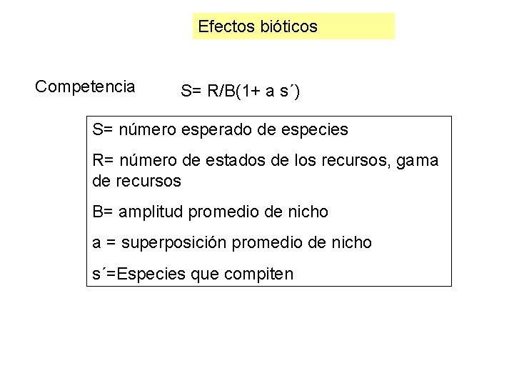 Efectos bióticos Competencia S= R/B(1+ a s´) S= número esperado de especies R= número