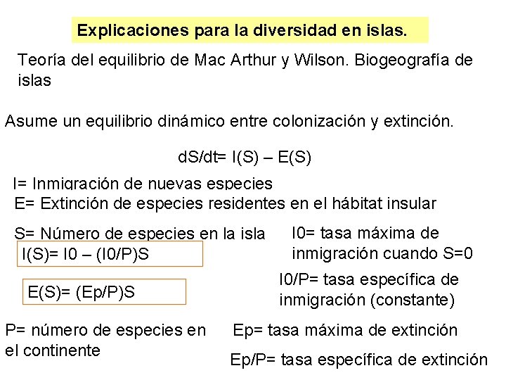 Explicaciones para la diversidad en islas. Teoría del equilibrio de Mac Arthur y Wilson.