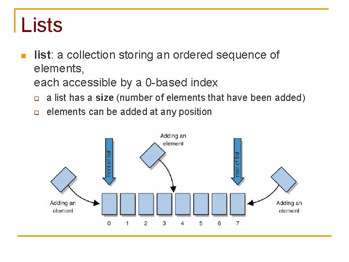 Lists n list: a collection storing an ordered sequence of elements, each accessible by