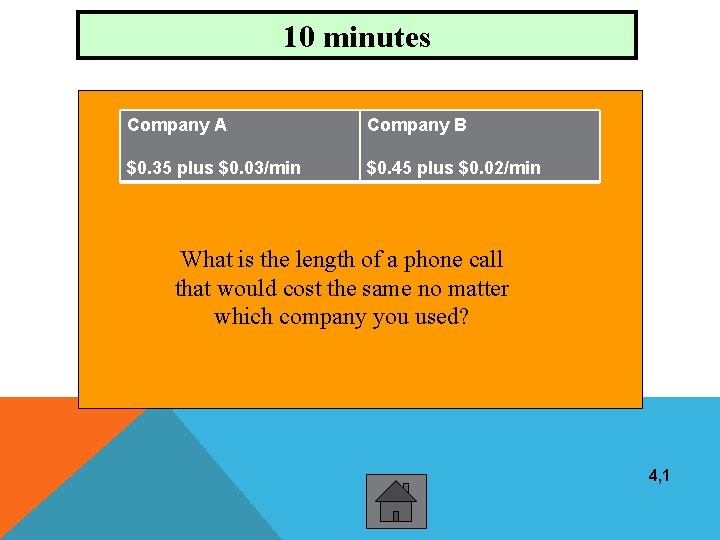 10 minutes Company A Company B $0. 35 plus $0. 03/min $0. 45 plus