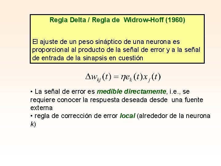 Regla Delta / Regla de Widrow-Hoff (1960) El ajuste de un peso sináptico de