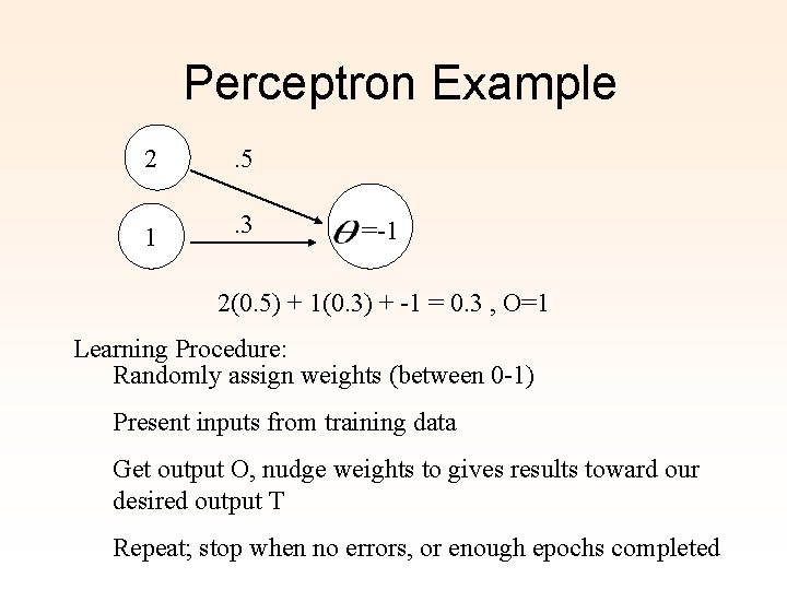 Perceptron Example 2 . 5 1 . 3 =-1 2(0. 5) + 1(0. 3)