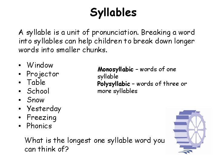 Syllables A syllable is a unit of pronunciation. Breaking a word into syllables can