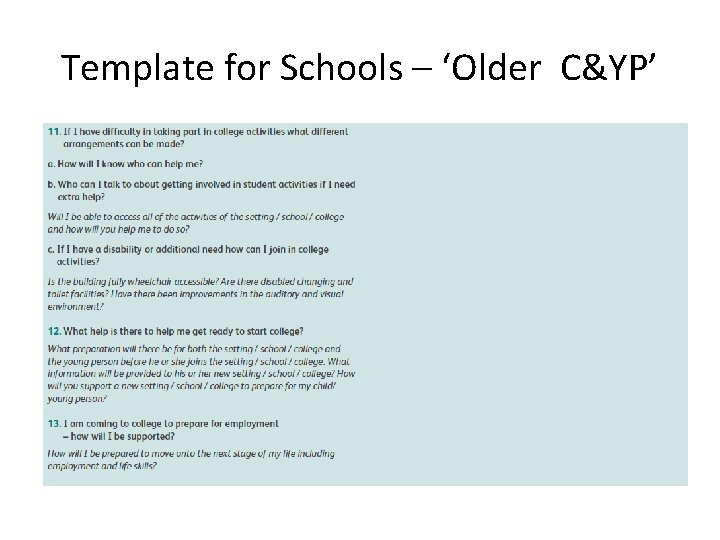 Template for Schools – ‘Older C&YP’ 