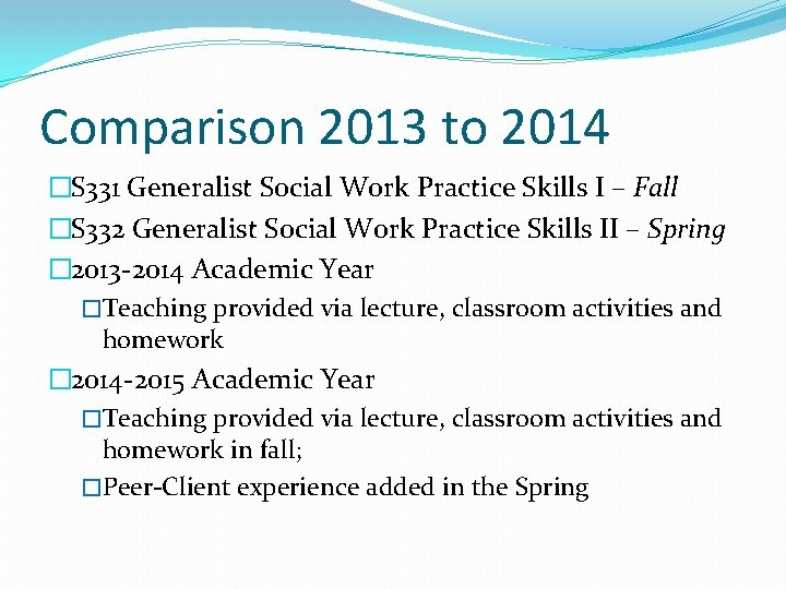 Comparison 2013 to 2014 �S 331 Generalist Social Work Practice Skills I – Fall