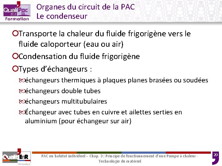 Organes du circuit de la PAC Le condenseur ¡Transporte la chaleur du fluide frigorigène