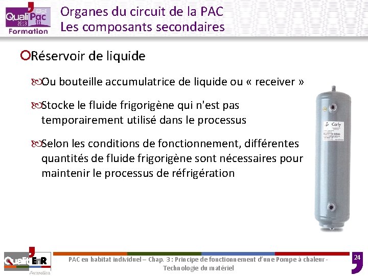 Organes du circuit de la PAC Les composants secondaires ¡Réservoir de liquide Ou bouteille