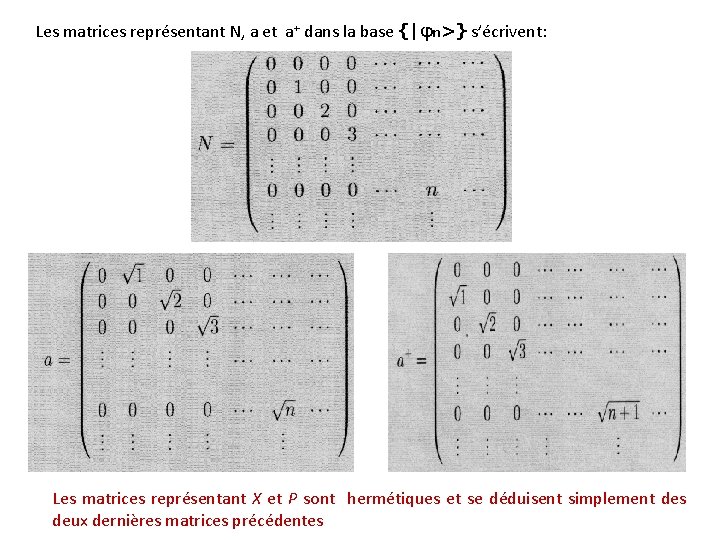 Les matrices représentant N, a et a+ dans la base {|φn>} s’écrivent: Les matrices