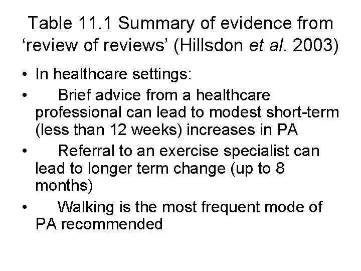 Table 11. 1 Summary of evidence from ‘review of reviews’ (Hillsdon et al. 2003) Table 11. 1 Summary of evidence from ‘review of reviews’ (Hillsdon et al. 2003)