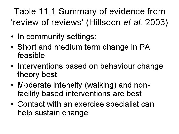 Table 11. 1 Summary of evidence from ‘review of reviews’ (Hillsdon et al. 2003) Table 11. 1 Summary of evidence from ‘review of reviews’ (Hillsdon et al. 2003)
