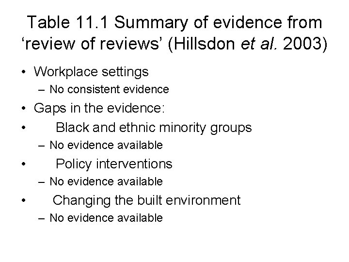 Table 11. 1 Summary of evidence from ‘review of reviews’ (Hillsdon et al. 2003) Table 11. 1 Summary of evidence from ‘review of reviews’ (Hillsdon et al. 2003)