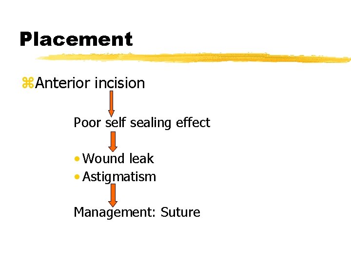 Placement z. Anterior incision Poor self sealing effect • Wound leak • Astigmatism Management: