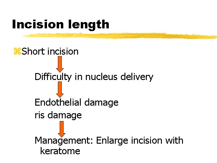 Incision length z. Short incision Difficulty in nucleus delivery Endothelial damage ris damage Management: