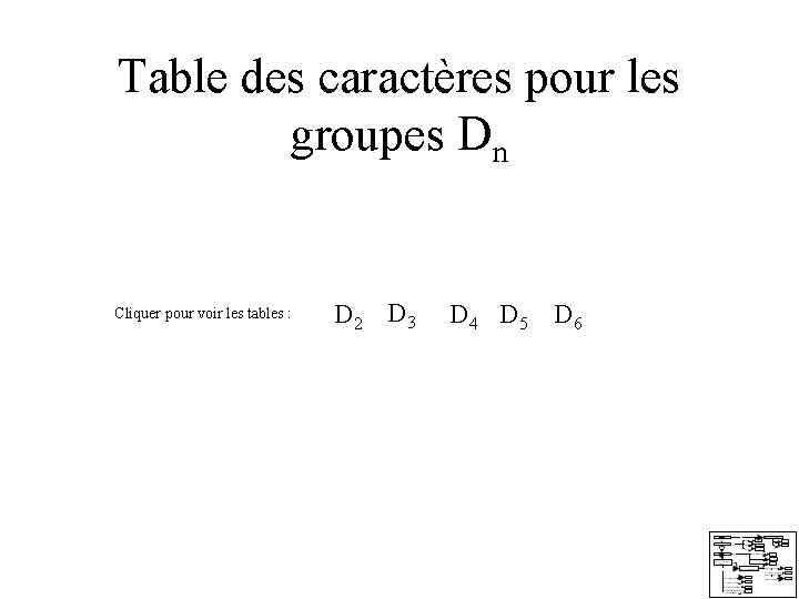 Table des caractères pour les groupes Dn Cliquer pour voir les tables : D Table des caractères pour les groupes Dn Cliquer pour voir les tables : D