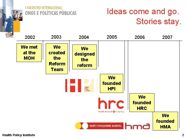 Ideas come and go. Stories stay. 2002 2003 2004 We met at the MOH