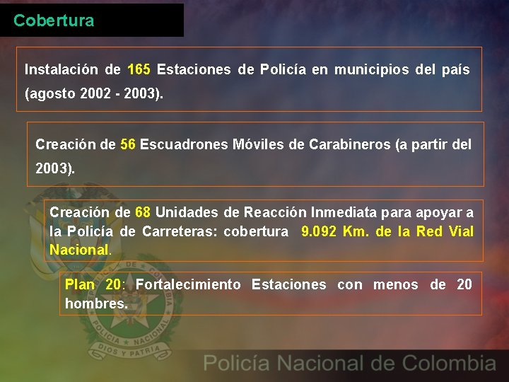 Cobertura Instalación de 165 Estaciones de Policía en municipios del país (agosto 2002 -