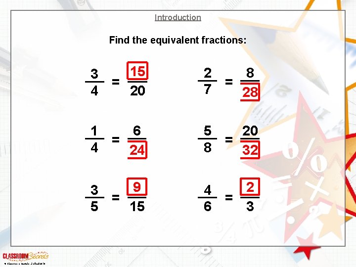 Introduction Find the equivalent fractions: © Classroom Secrets Limited 2018 15 3 = 4