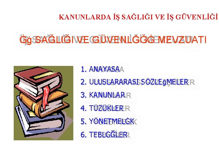 KANUNLARDA İŞ SAĞLIĞI VE İŞ GÜVENLİĞİ Ġġ SAĞLIĞI VE GÜVENLĠĞĠ MEVZUATI 1. ANAYASA 2.