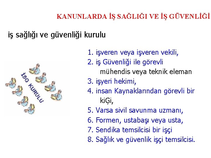 KANUNLARDA İŞ SAĞLIĞI VE İŞ GÜVENLİĞİ iş sağlığı ve güvenliği kurulu 1. işveren veya