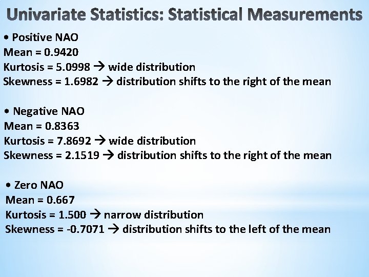  • Positive NAO Mean = 0. 9420 Kurtosis = 5. 0998 wide distribution