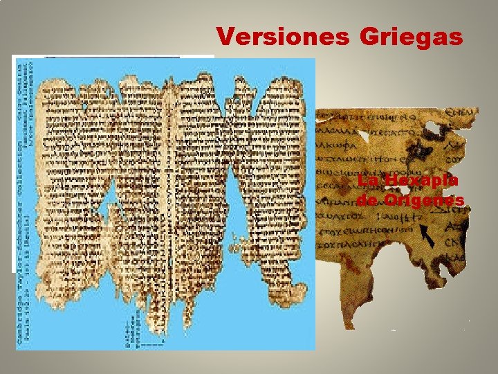 Versiones Griegas La Hexapla de Orígenes La “Setenta” 