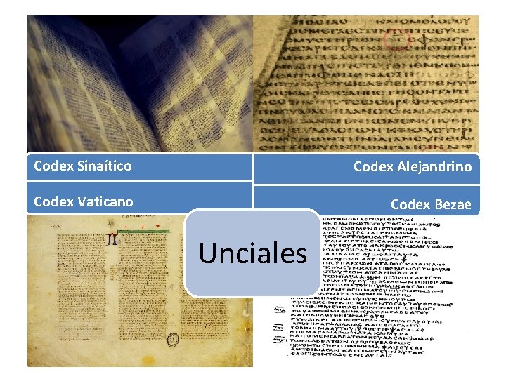 Codex Sinaítico Codex Alejandrino Codex Vaticano Codex Bezae Unciales 