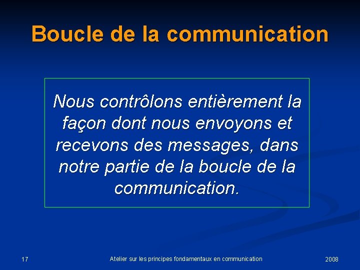 Boucle de la communication Nous contrôlons entièrement la façon dont nous envoyons et recevons