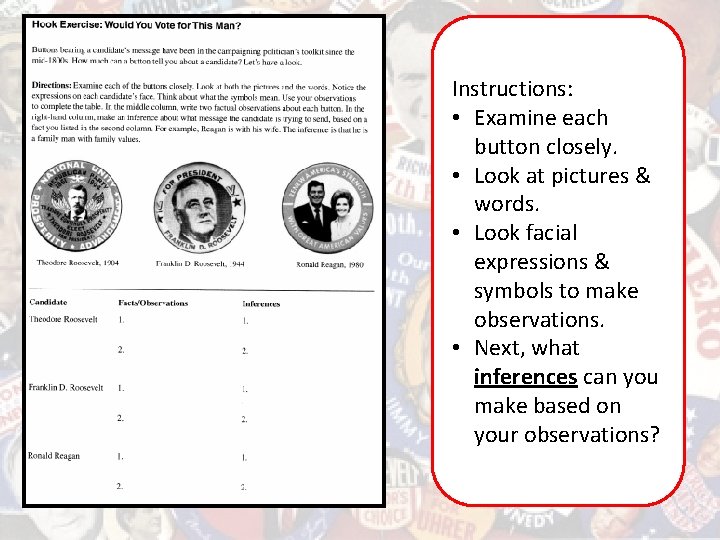 Instructions: • Examine each button closely. • Look at pictures & words. • Look