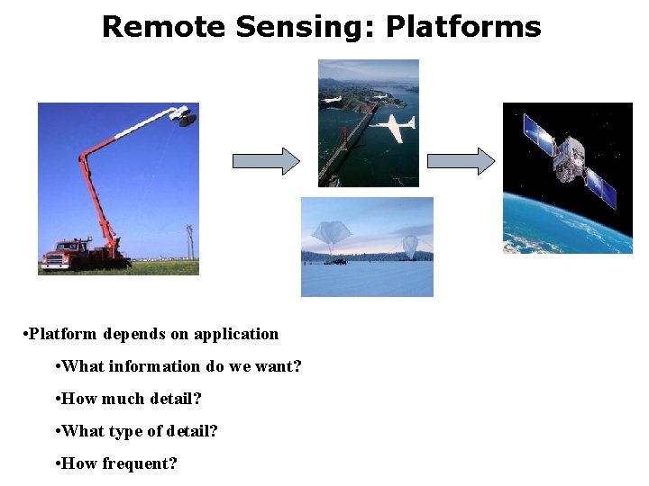 Remote Sensing: Platforms • Platform depends on application • What information do we want?