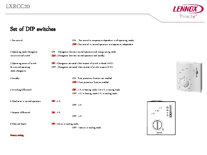 LXRCC 20 Set of DIP switches 1 Fan control ON : Fan control is LXRCC 20 Set of DIP switches 1 Fan control ON : Fan control is