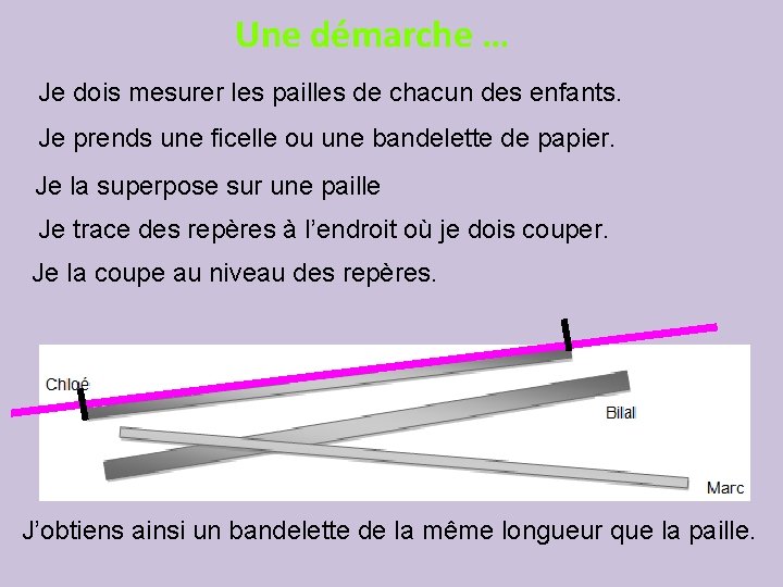 Une démarche … Je dois mesurer les pailles de chacun des enfants. Je prends Une démarche … Je dois mesurer les pailles de chacun des enfants. Je prends