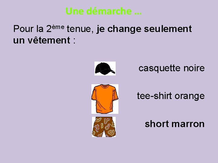 Une démarche … Pour la 2ème tenue, je change seulement un vêtement : casquette Une démarche … Pour la 2ème tenue, je change seulement un vêtement : casquette