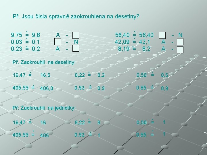Př. Jsou čísla správně zaokrouhlena na desetiny? 9, 75 0, 03 0, 23 .