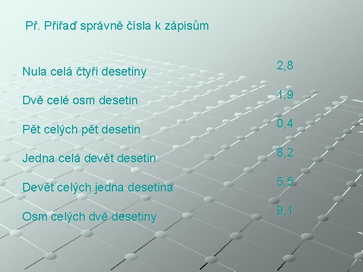 Př. Přiřaď správně čísla k zápisům Nula celá čtyři desetiny 2, 8 Dvě celé