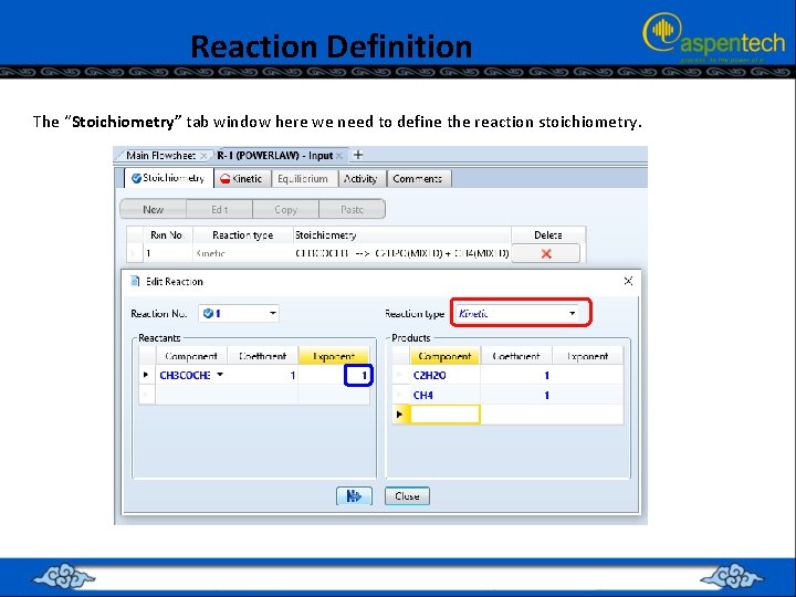 Reaction Definition The “Stoichiometry” tab window here we need to define the reaction stoichiometry.