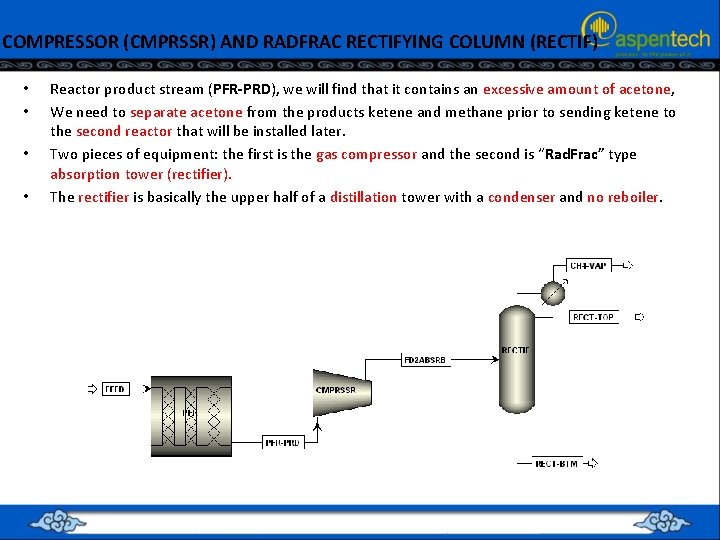 COMPRESSOR (CMPRSSR) AND RADFRAC RECTIFYING COLUMN (RECTIF) • • Reactor product stream (PFR-PRD), we