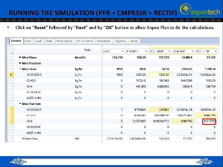 RUNNING THE SIMULATION (PFR + CMPRSSR + RECTIF) • Click on “Reset” followed by