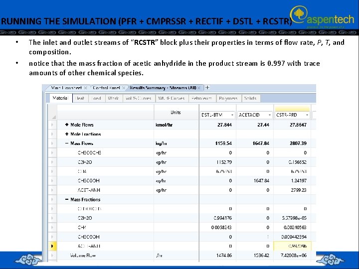 RUNNING THE SIMULATION (PFR + CMPRSSR + RECTIF + DSTL + RCSTR) • •